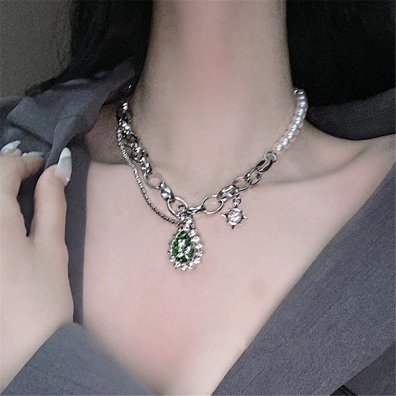 Emerald Rhinestones Crystal Pearl Chain Necklaces