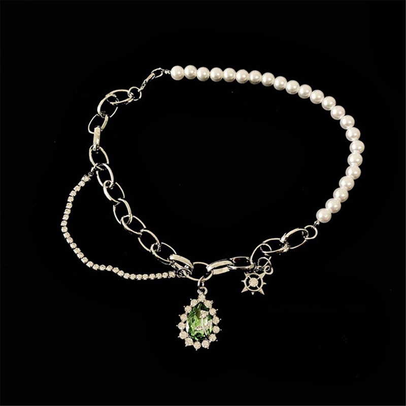 Emerald Rhinestones Crystal Pearl Chain Necklaces
