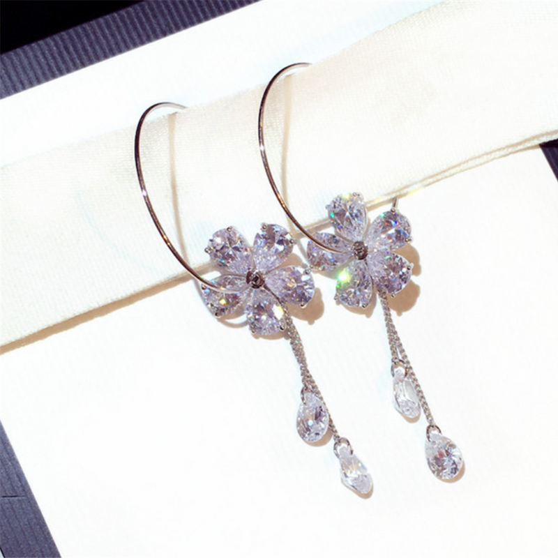 Rhinestones Crystal Flower Dangle Charm Hoops Earrings